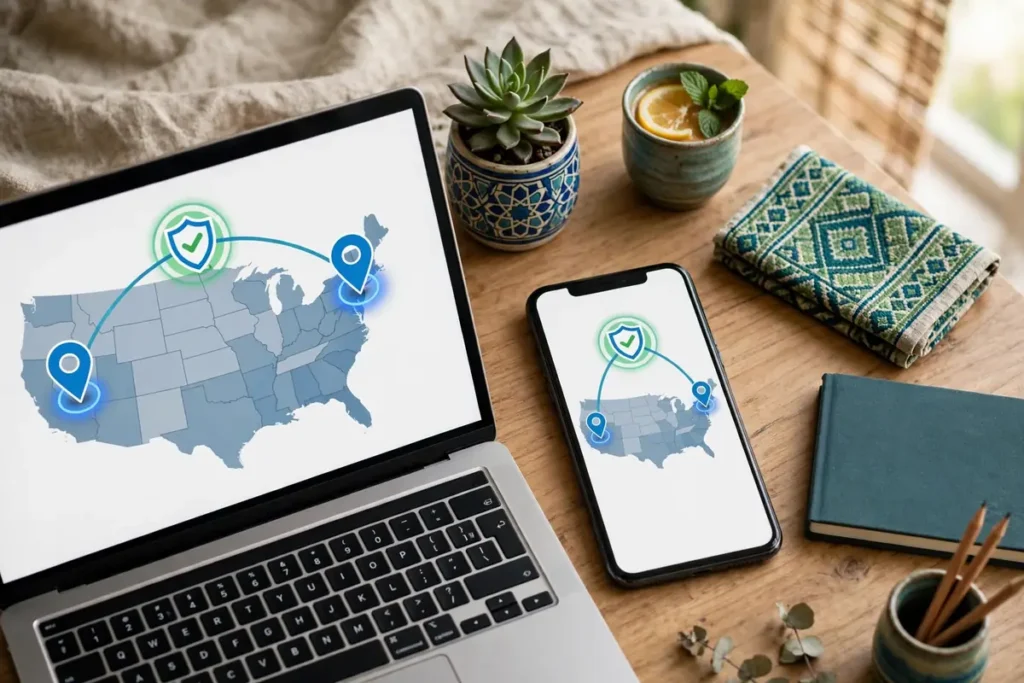 Laptop and phone showing a paid USA VPN connected to a United States server from Pakistan