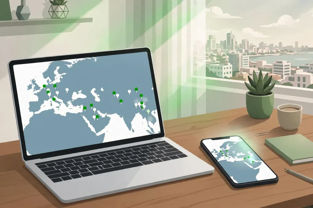 NordVPN review Pakistan — laptop and phone showing a VPN server map in a home office