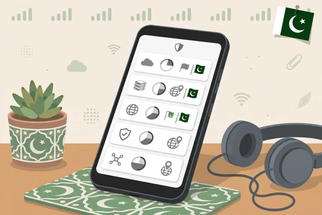 Android phone comparing the best free VPN options for Android in Pakistan by data limit and country choice