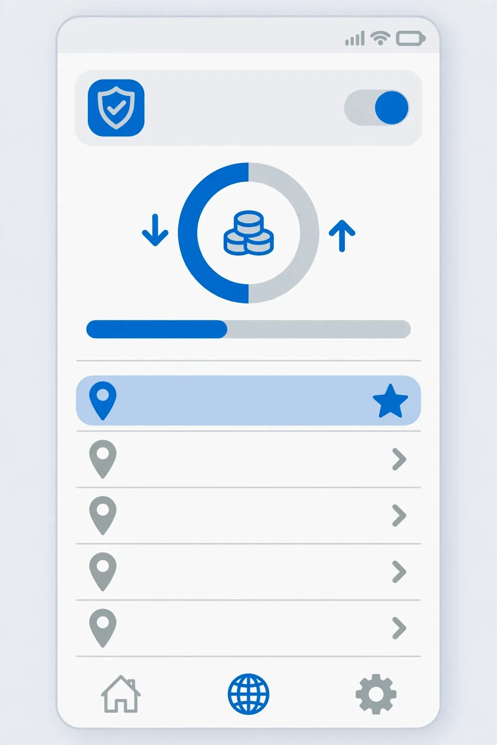 USA VPN free app server list showing selectable United States locations and remaining free data