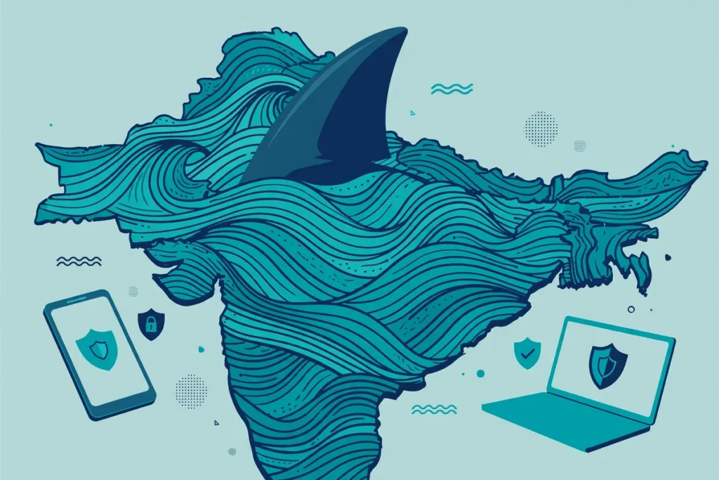 Surfshark review Pakistan illustration showing a shark fin over a digital map with protected devices