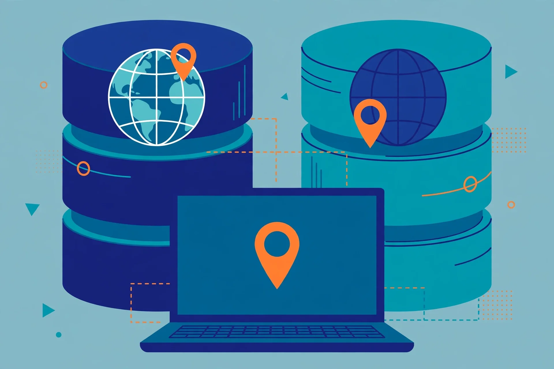 Illustration of a laptop with a map pin beside two database cylinders showing conflicting location markers