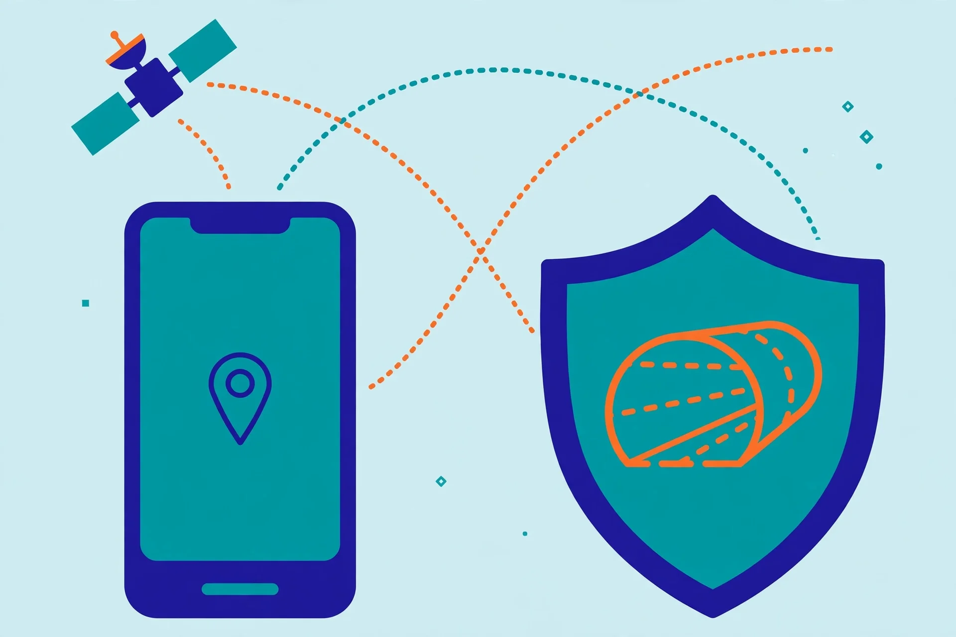 Illustration of a smartphone with GPS satellite signals next to a shield with a VPN tunnel icon, showing competing location signals