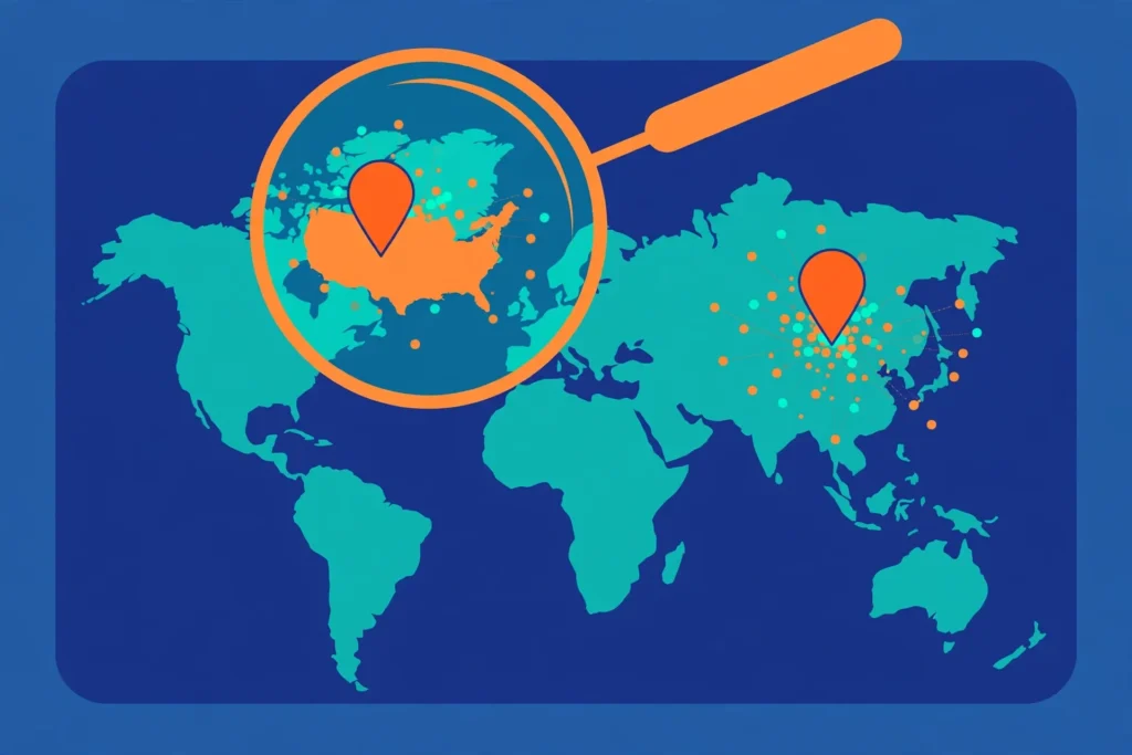Illustration of a magnifying glass over a world map showing a USA pin and a mismatched location pin, representing VPN IP location mismatch