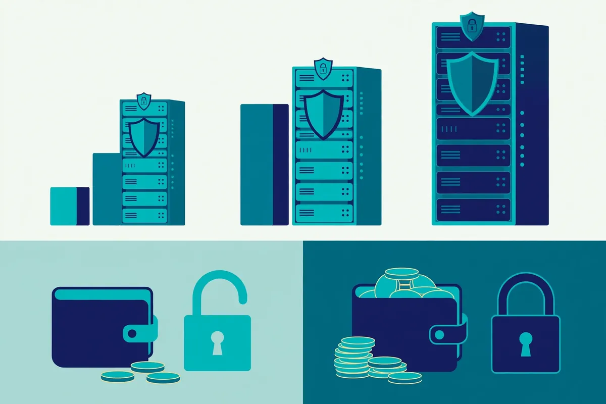 Illustration comparing free and paid VPN plan tiers with charts, server racks and a wallet for the Proton VPN pricing section