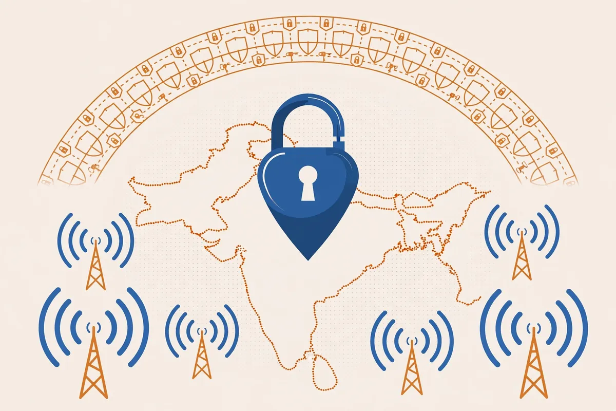 Illustration of a padlock map pin over Pakistan with mobile towers and an encrypted tunnel for the PTA and Pakistan context section