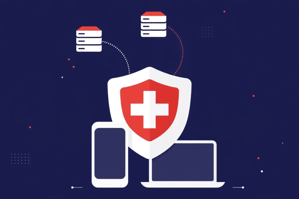 Editorial illustration of a privacy shield with Swiss cross protecting a phone and laptop, showing a two-hop VPN route for this Proton VPN review Pakistan