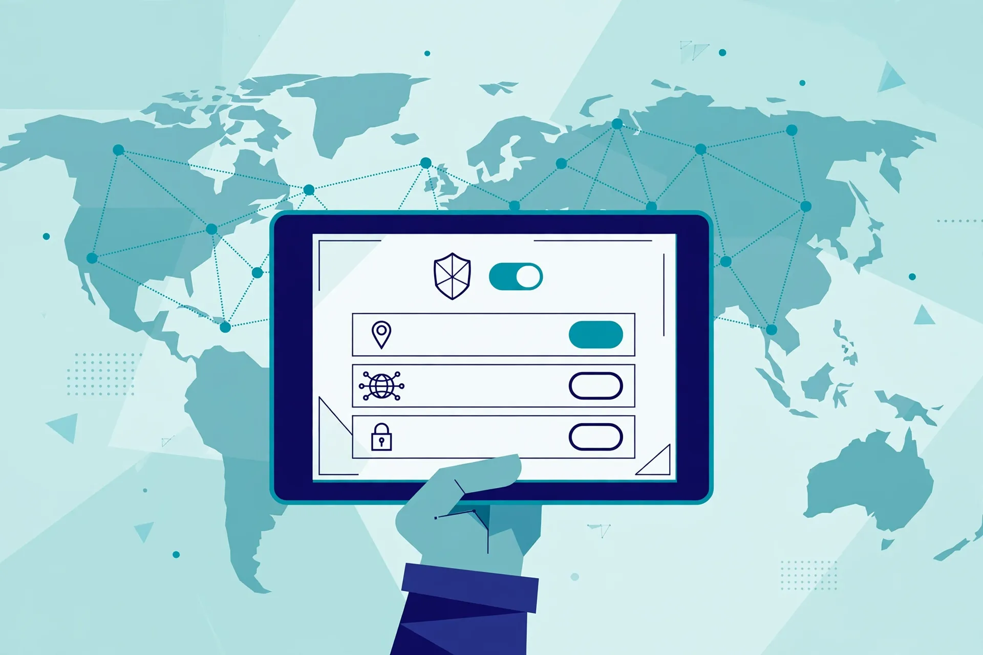 Illustration of setting up VPN options on a tablet with a world map of server connections