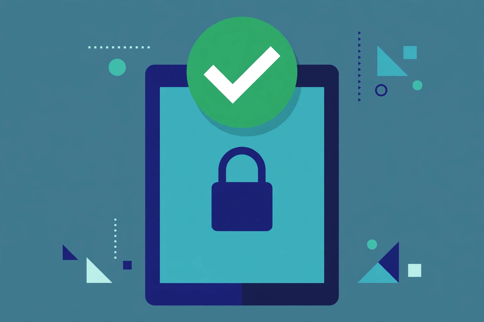 Illustration of a checkmark badge over a tablet screen confirming a verified VPN connection
