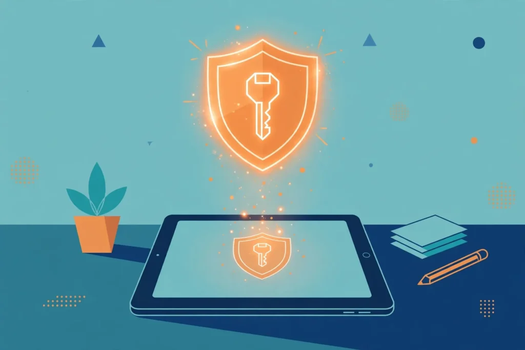 Illustration of an iPad on a desk with a glowing shield and key symbolising VPN protection