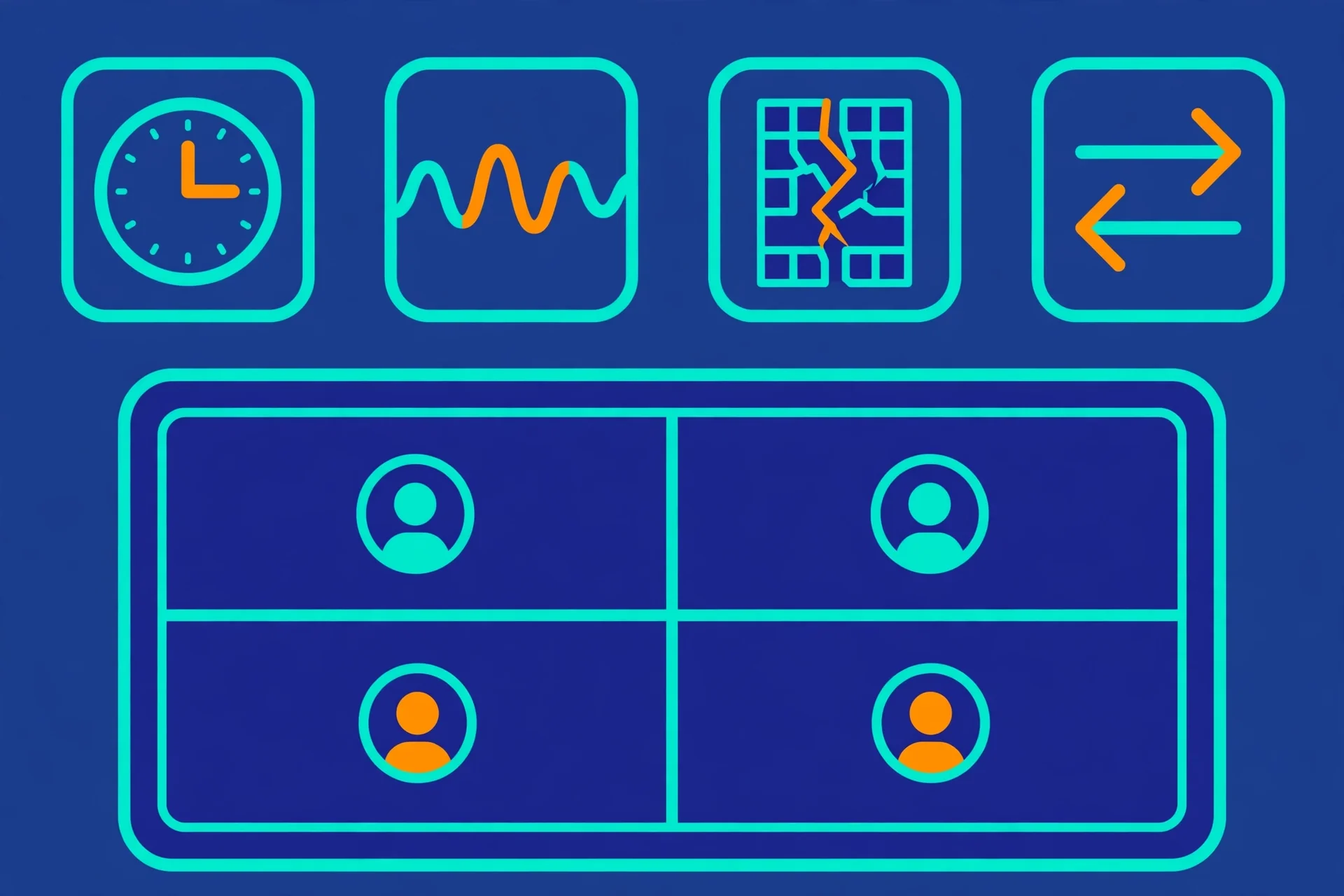 Illustration of four VPN test metric icons — clock for latency, wavy line for jitter, cracked packet for loss, arrows for throughput — above a video call window
