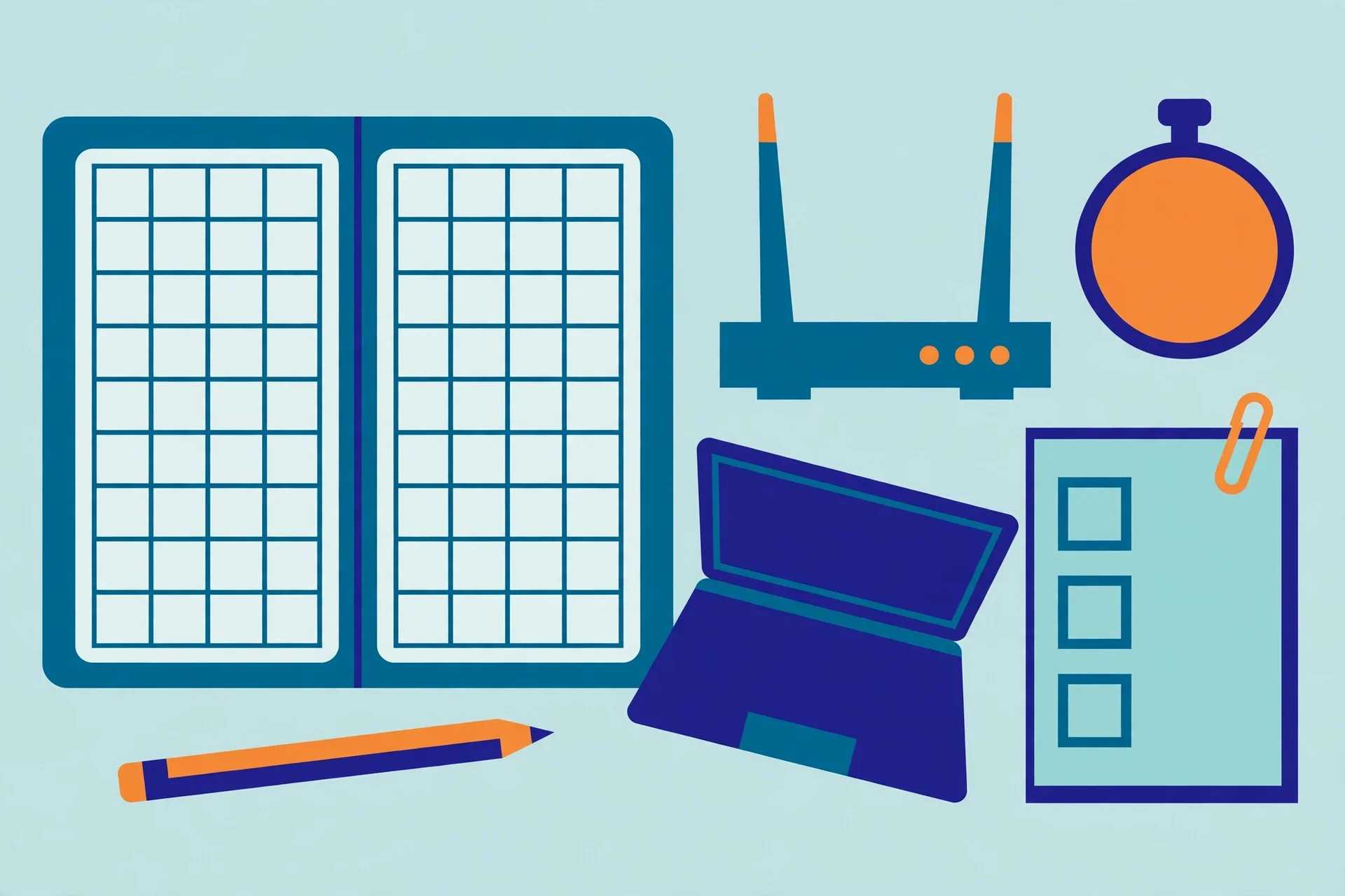 Illustration of an open notebook with a blank results table, pencil, router and laptop for logging VPN speed tests