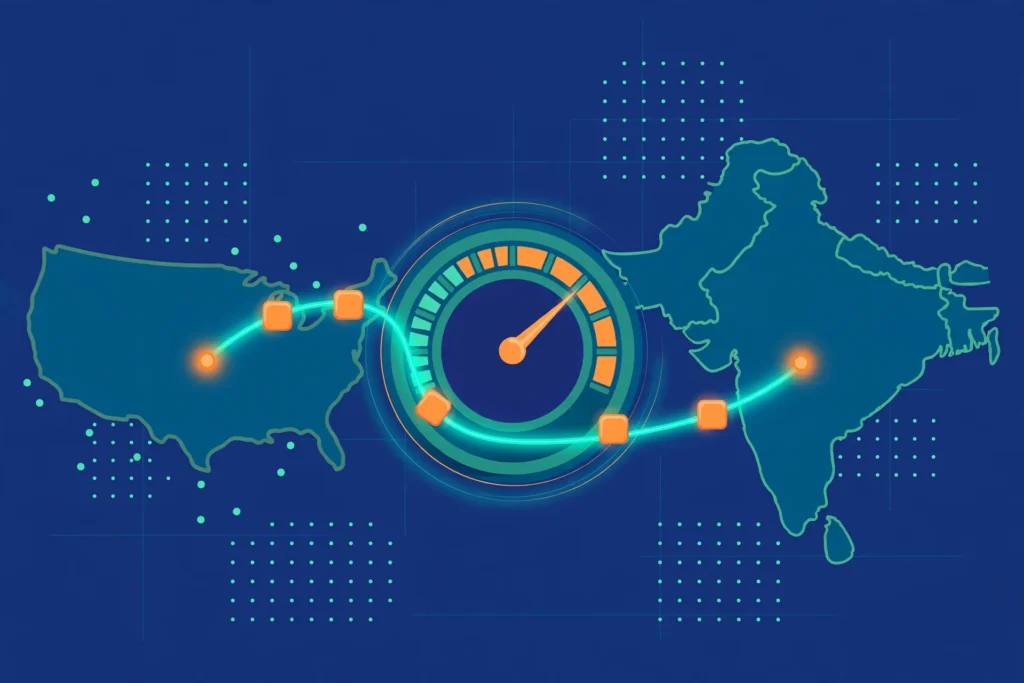 Illustration of a speedometer gauge on a glowing network route connecting Pakistan and the USA