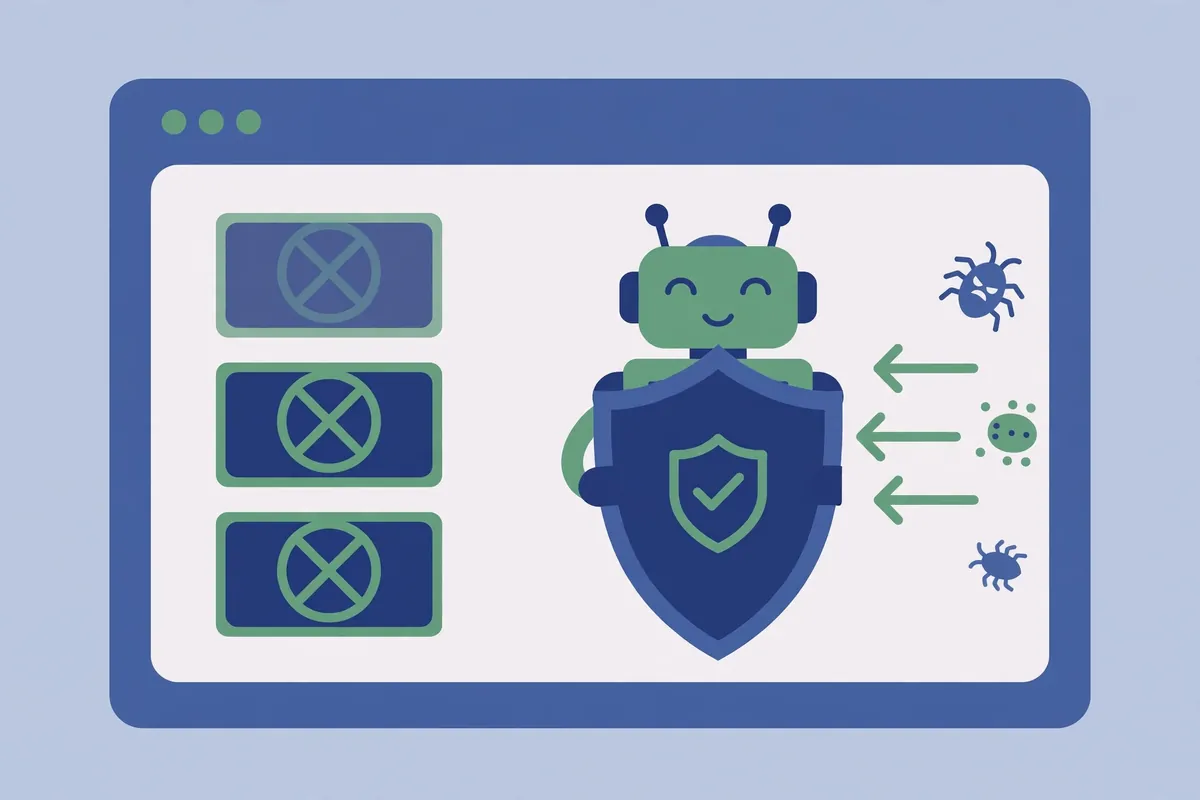 Illustration of the R.O.B.E.R.T. ad and tracker blocking feature guarding a browser window in the Windscribe features section
