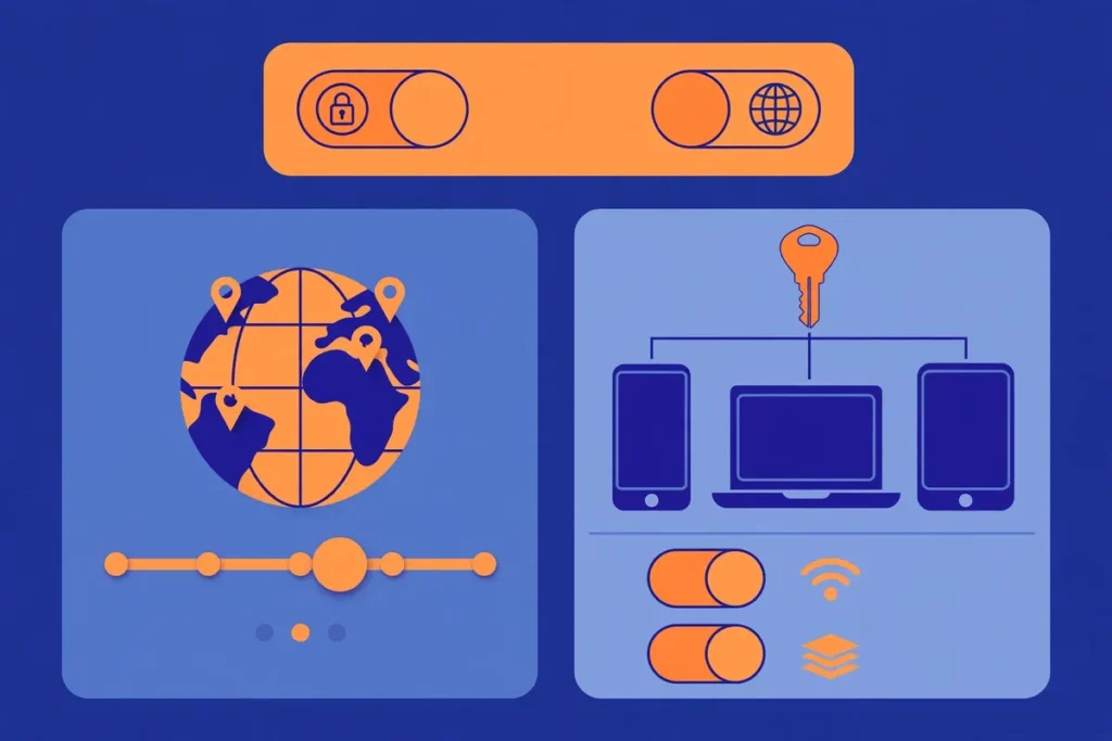 Editorial illustration of a customisable VPN plan dashboard with location toggles and multiple devices for this Windscribe review Pakistan