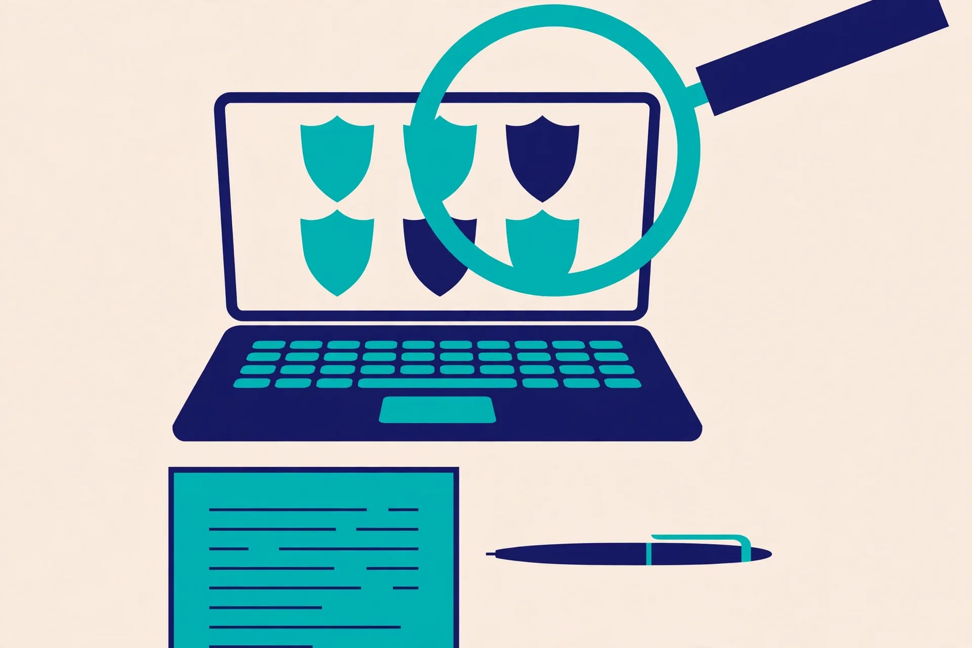 Illustration of a magnifying glass over test results with a log sheet for recording VPN evidence