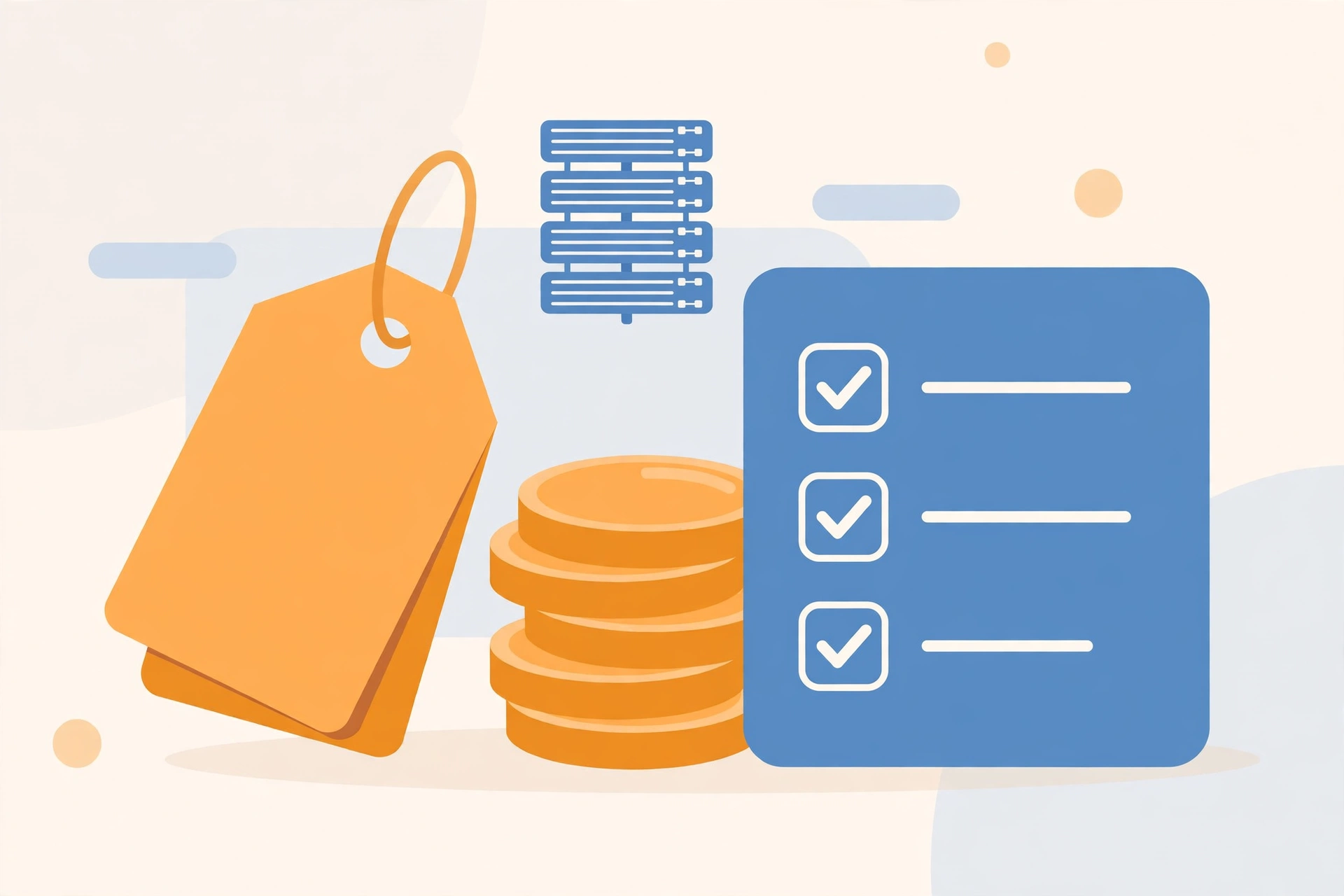 Flat illustration of a price tag, coins and a checkmark list card beside a server rack
