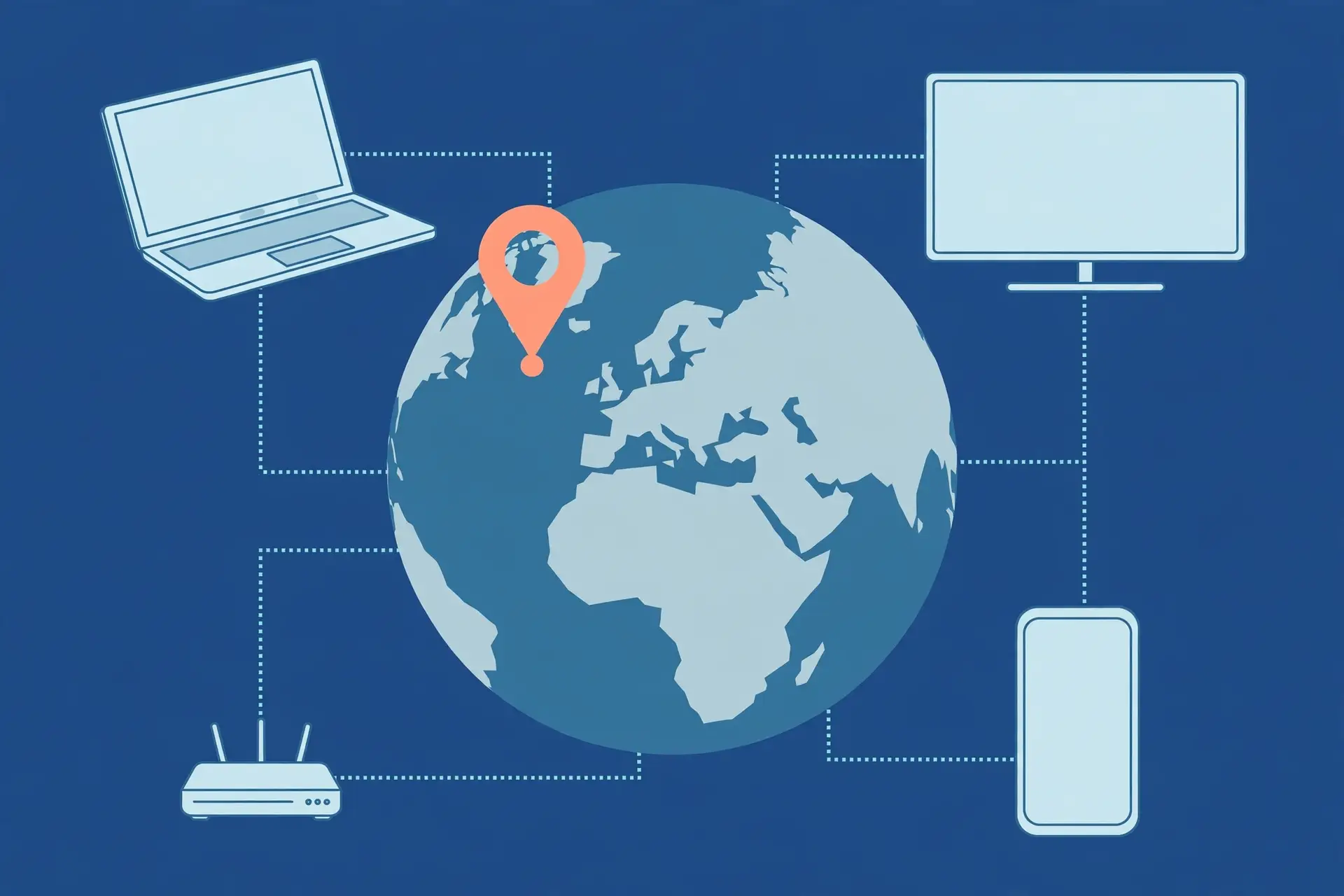 Flat illustration of a globe pinned over the British Isles with connected laptop, phone, router and TV