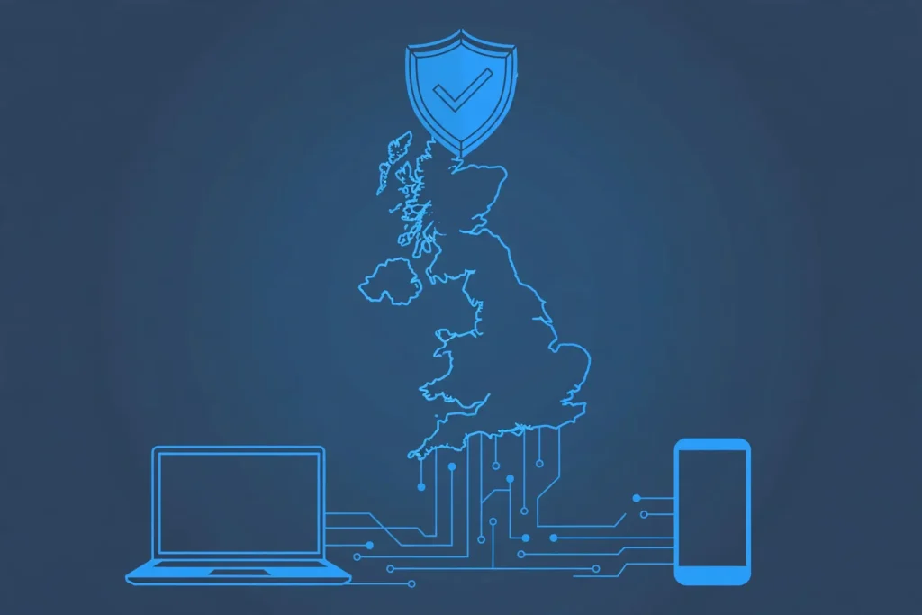 Flat illustration of the United Kingdom map with a security shield above it and a laptop and smartphone connected by circuit lines