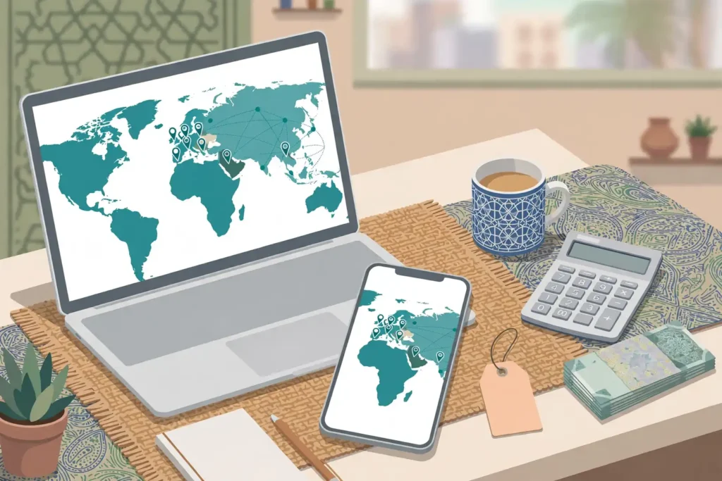 PrivadoVPN review for Pakistan — phone and laptop showing a VPN server map on a home office desk