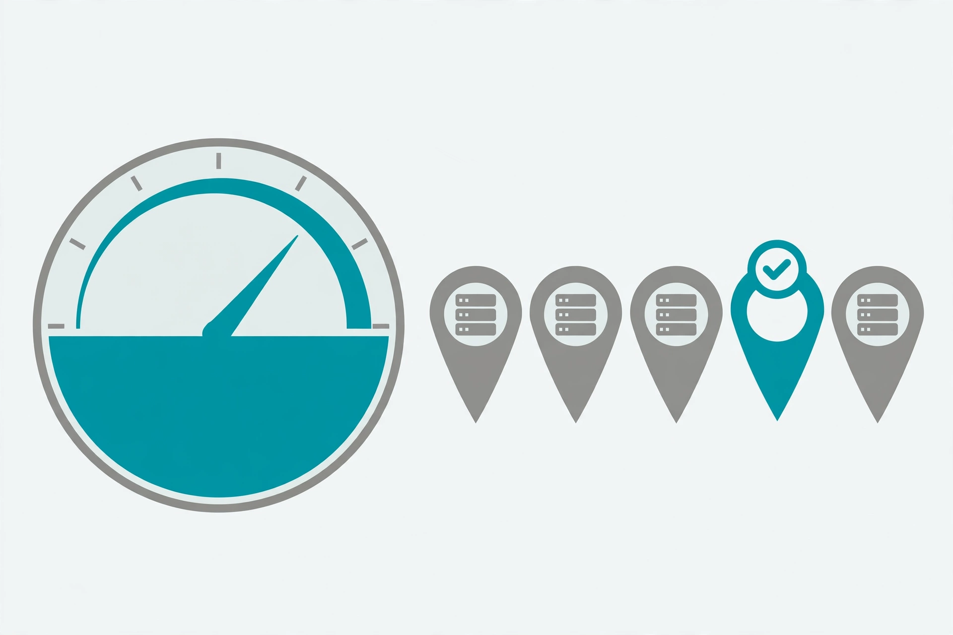 Flat illustration of a data allowance meter beside server location pins with one checked