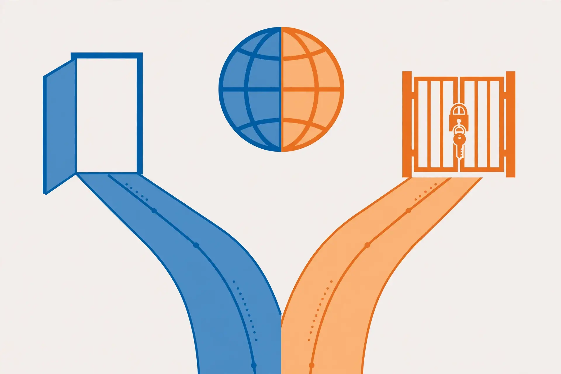 Flat illustration of two diverging paths, one to a free open doorway and one to a premium gate with a key, over a globe