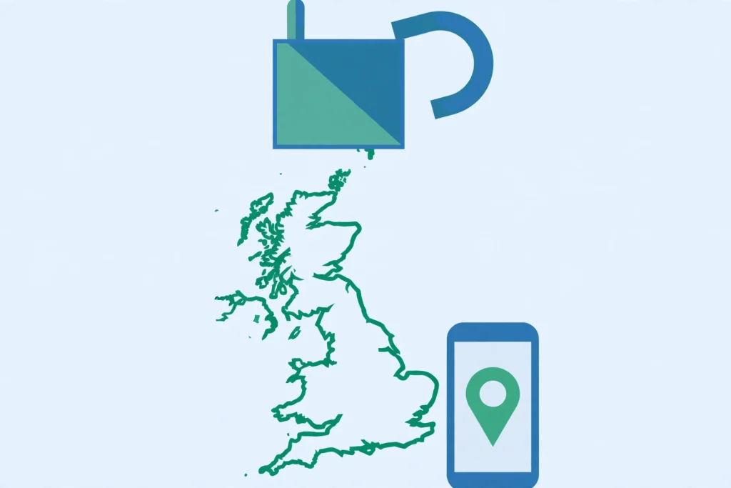 Flat illustration of an unlocked padlock over a United Kingdom map with a smartphone showing a location pin